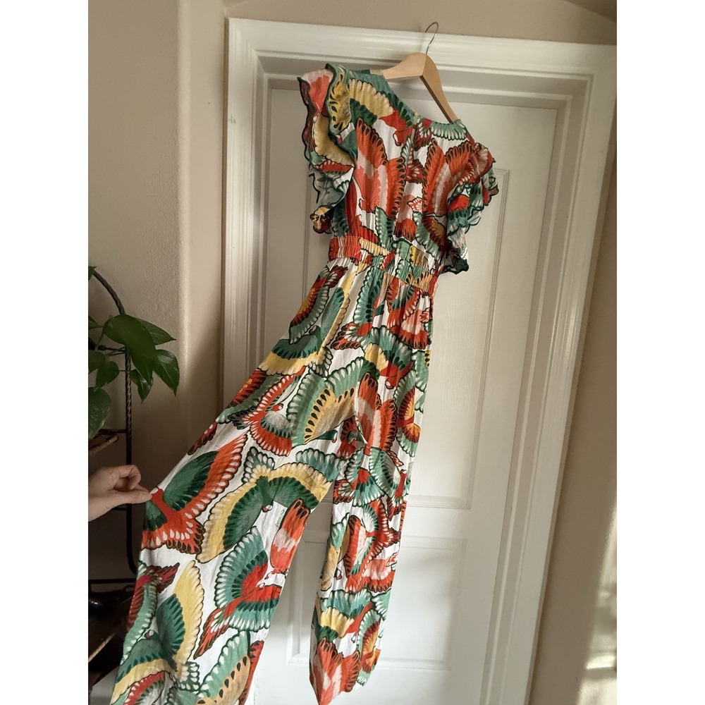 Farm Rio New Anthropologie Ruffle-Sleeve Linen Jumpsuit Size L - Picture 8 of 16